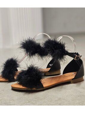 Faux Fur Black Ankle Strap Flat Sandals